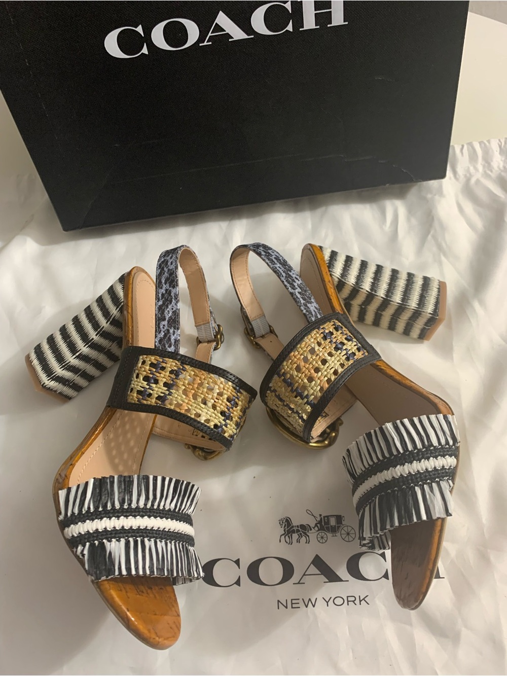 COACH Black & Gold Raffia Buckle Sandals - Picture 4 of 4